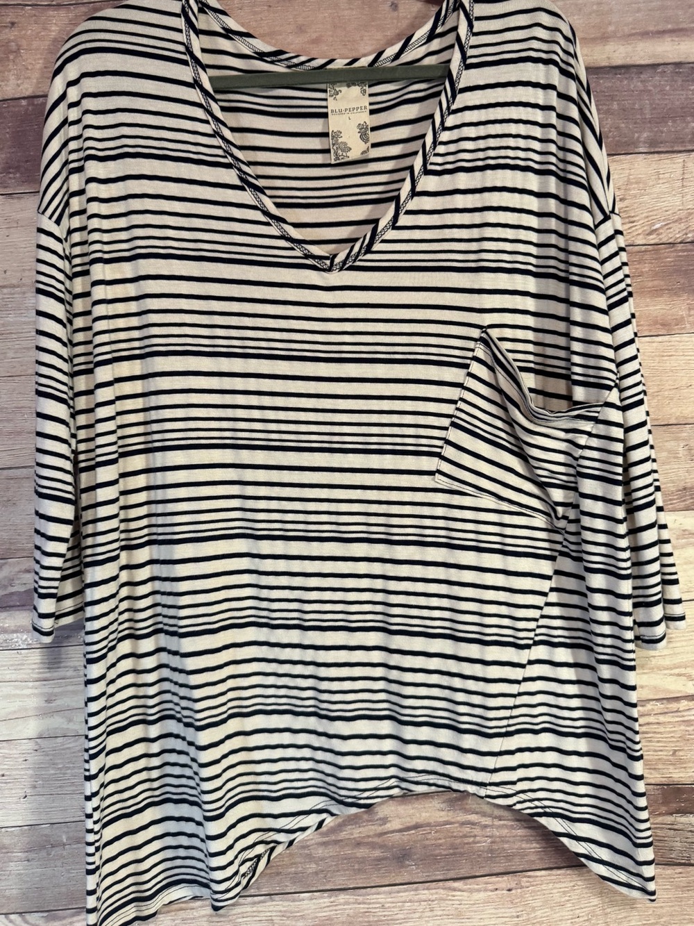 Blu Pepper Black & White Striped V-Neck Pocket Top